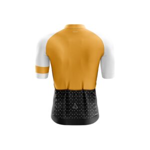 Back view of Aidan Global Dusk Vibe Cycling Jersey showcasing the golden-yellow and black design with aerodynamic fit