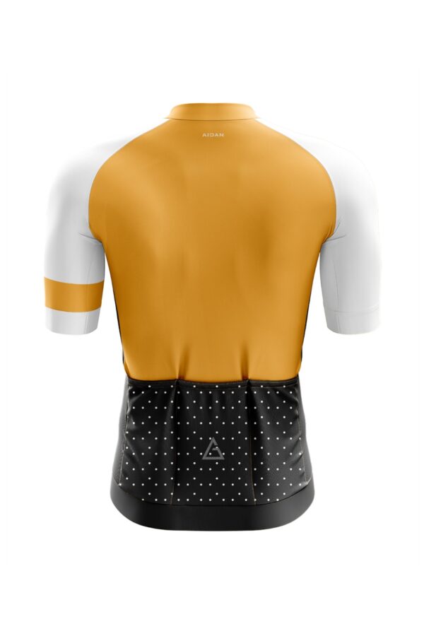 Back view of Aidan Global Dusk Vibe Cycling Jersey showcasing the golden-yellow and black design with aerodynamic fit