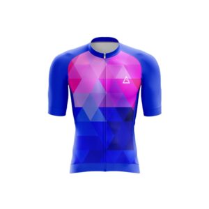 Front view of the Aidan Global Velocity Cycling Jersey in pink and blue geometric gradient design