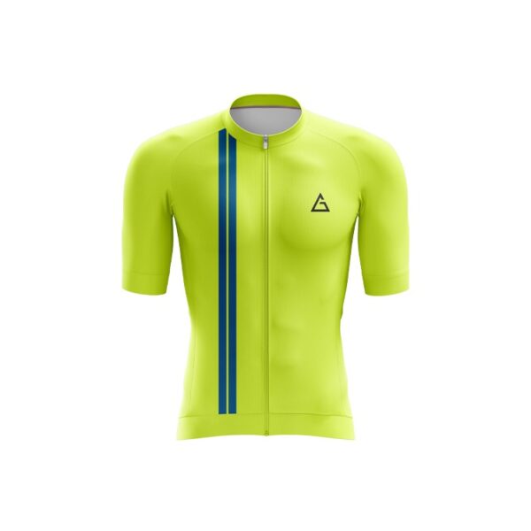 Front view of the Aidan Global Neon Flow Cycling Jersey in neon yellow with sleek dual blue stripe accents