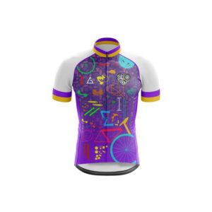 Aidan Global Spectrum Cycling Jersey, front view showcasing vibrant cycling-themed patterns on purple.