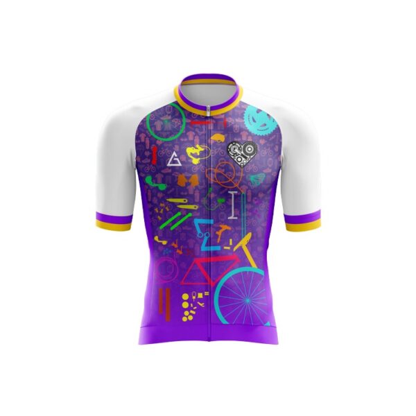 Front view of Vivid Velocity Race Fit Cycling Jersey by Aidan Global, featuring a vibrant purple base with colorful geometric cycling-inspired patterns