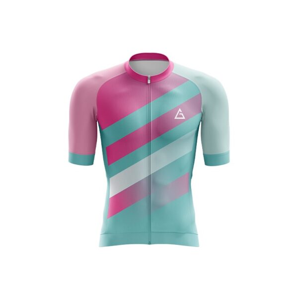 Front view of the Aidan Global Pastel Stride Cycling Jersey with pastel pink, mint, and white diagonal stripe design