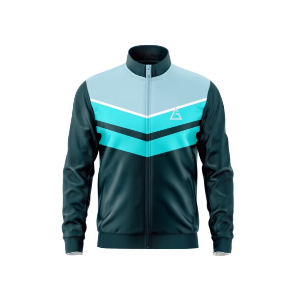 Aidan Global Vortex Track Jacket, front view featuring teal and black chevron design