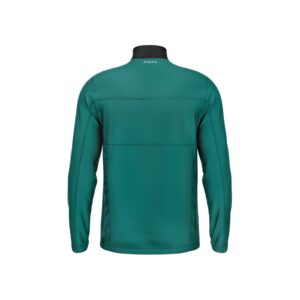 Front view of Aidan Global's Dynamic Track Jacket in teal, black, and white with geometric accents and a sleek full-zip design.