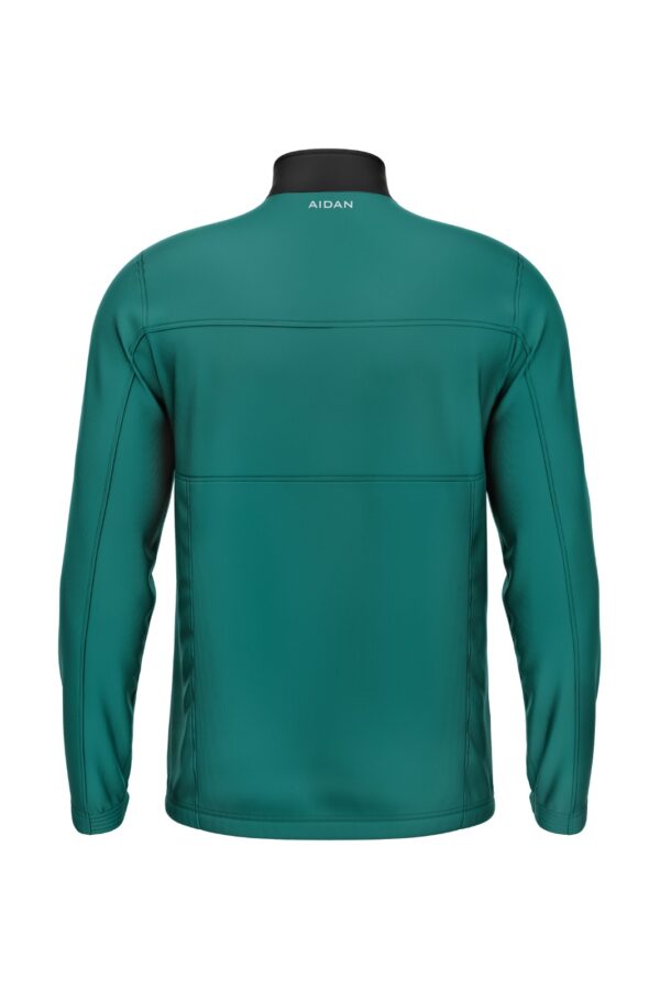 Front view of Aidan Global's Dynamic Track Jacket in teal, black, and white with geometric accents and a sleek full-zip design.