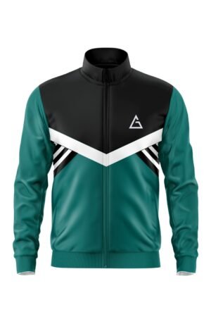 Front view of Aidan Global's Dynamic Track Jacket in teal, black, and white with geometric accents and a sleek full-zip design.