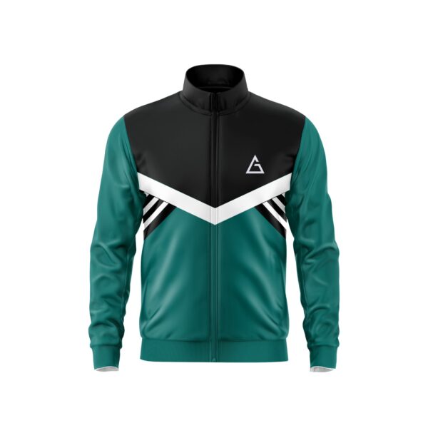 Front view of Aidan Global's Dynamic Track Jacket in teal, black, and white with geometric accents and a sleek full-zip design.