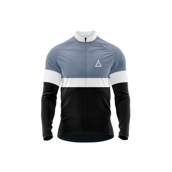 Aidon Global FrostFlex Winter Cycling Jersey with a tri-color design, full sleeves, and a zippered front for winter cycling comfort