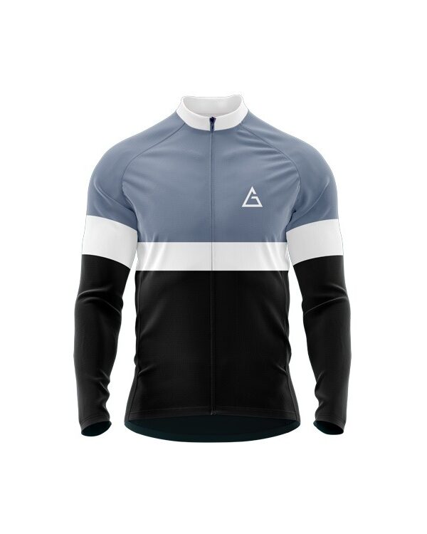 Aidon Global FrostFlex Winter Cycling Jersey with a tri-color design, full sleeves, and a zippered front for winter cycling comfort