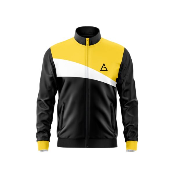 Aidan Global Zenith Track Jacket, front view with bold black and yellow design and a white accent for a modern and stylish look.