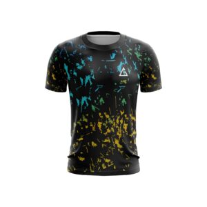 Aidan Global Striker Black Football Jersey front view with blue and yellow accents on a black background