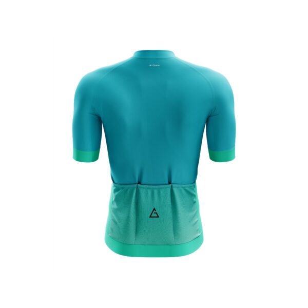 Back view of the Pro Aero Jersey by Aidan Global in teal with race-fit design, featuring aerodynamic panels and a sleek, modern look