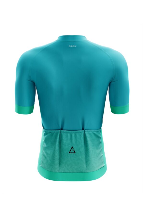 Back view of the Pro Aero Jersey by Aidan Global in teal with race-fit design, featuring aerodynamic panels and a sleek, modern look