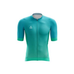 Front view of the Pro Aero Jersey by Aidan Global in teal with race-fit design, featuring aerodynamic panels and a sleek, modern look