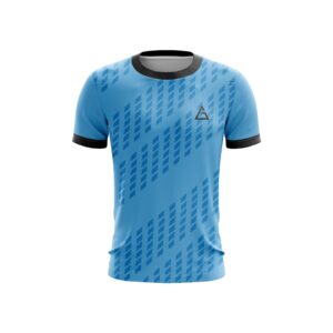 Front view of the Strike Pro Jersey by Aidan Global in sky blue with black accents, featuring a sleek and breathable football design