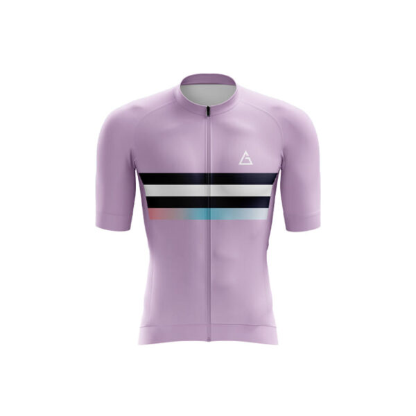 Front view of Prism Ride Pro lavender race fit cycling jersey with gradient stripes