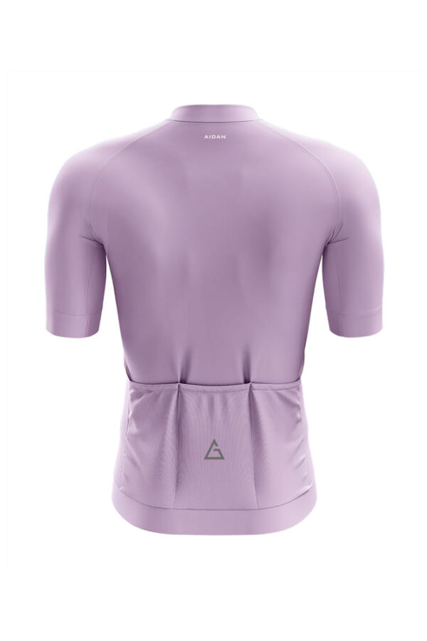 Back view of Prism Ride Pro lavender race fit cycling jersey highlighting ergonomic design