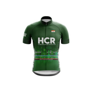 Front view of the Club Fit Half Sleeve cycling jersey for Team Hyderabad Cycling Revolution, featuring vibrant team branding and a comfortable fit