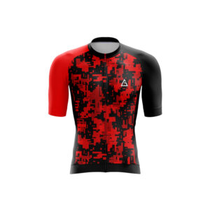 Front view of Aidan Global Red Black Digital Camo Race Fit Cycling Jersey with a bold red and black digital camo pattern