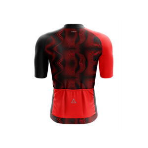 Front view of Aidan Global Red Black Vortex Race Fit Cycling Jersey, featuring a bold red and black vortex design.