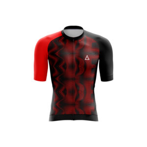 Front view of Aidan Global Red Black Vortex Race Fit Cycling Jersey, featuring a bold red and black vortex design.