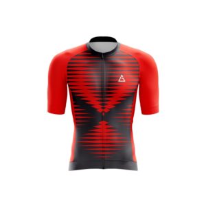 Front view of Aidan Global Redline Surge Race Fit Cycling Jersey in vibrant red and black geometric pattern