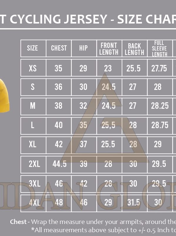 Normal Fit Cycling Jersey Size Chart