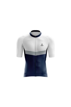 White and navy blue cycling jersey with short sleeves and front zipper.