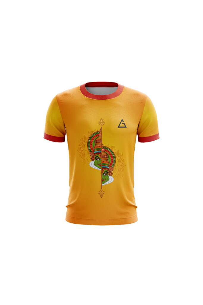 Onam Kathakali Edition T-Shirt in festive yellow with vibrant Kathakali face artwork, premium fabric, limited edition festive wear.