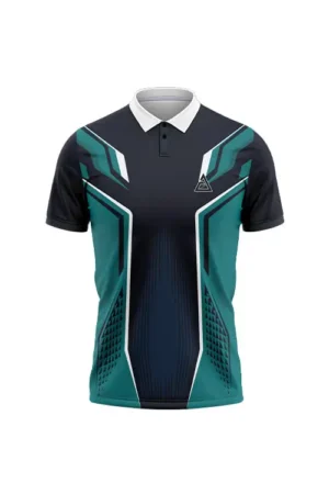 Aero Edge Super Premium Jersey front side displaying a dark base with teal and white geometric accents, a white formal collar, and a white logo on the chest