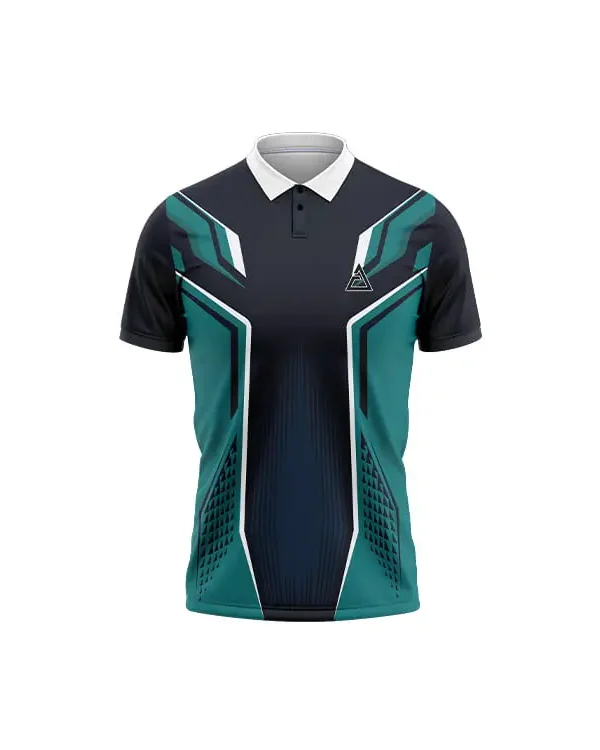 Aero Edge Super Premium Jersey front side displaying a dark base with teal and white geometric accents, a white formal collar, and a white logo on the chest