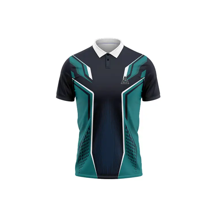 Aero Edge Super Premium Jersey front side displaying a dark base with teal and white geometric accents, a white formal collar, and a white logo on the chest