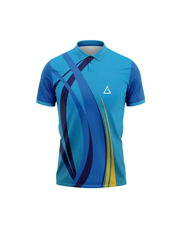 Shuttle Storm Premium Badminton Jersey front side featuring shades of blue with dynamic navy and yellow arc patterns, a teal collar, short sleeves, and a white chest logo.
