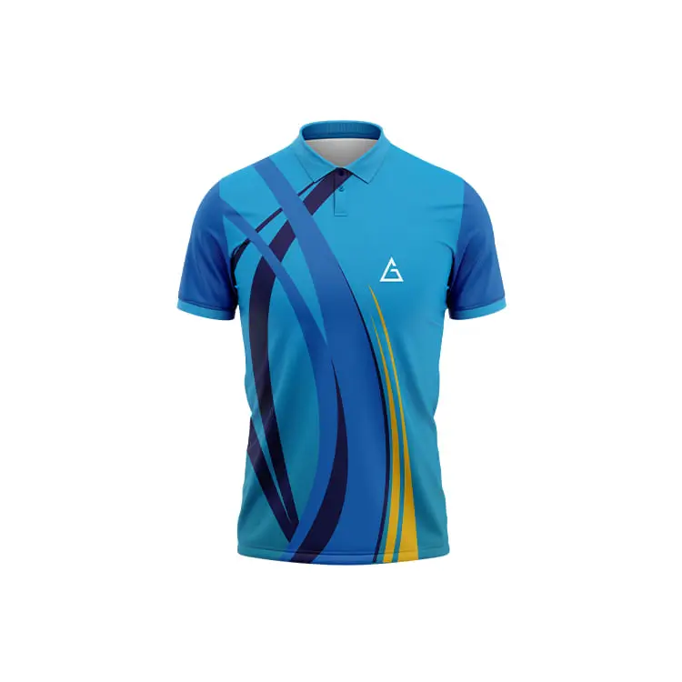 Shuttle Storm Premium Badminton Jersey front side featuring shades of blue with dynamic navy and yellow arc patterns, a teal collar, short sleeves, and a white chest logo.