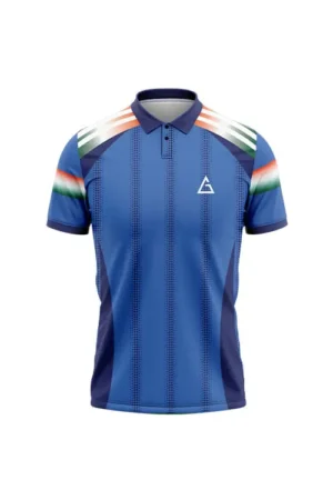 Tricolor Champion - Super Pro Cricket Jersey front side displaying blue tones, tricolor stripes on the shoulders, subtle navy accents, and a white logo on the chest.