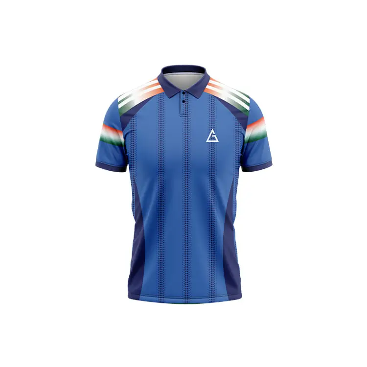 Tricolor Champion - Super Pro Cricket Jersey front side displaying blue tones, tricolor stripes on the shoulders, subtle navy accents, and a white logo on the chest.
