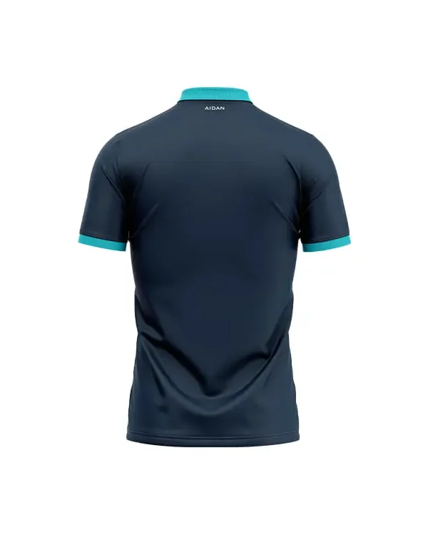 Velocity Strike Jersey – Premium Cricket Jersey back side, featuring a solid navy blue color with teal trim and a small 'AIDAN' label at the collar.