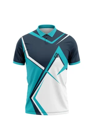 Velocity Strike Jersey – Premium Cricket Jersey front side showing geometric patterns in teal blue, navy, and white, with a polo collar and a white chest logo.