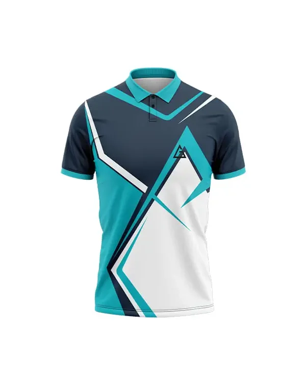 Velocity Strike Jersey – Premium Cricket Jersey front side showing geometric patterns in teal blue, navy, and white, with a polo collar and a white chest logo.