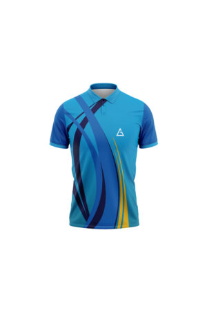 Shuttle Storm Premium Badminton Jersey in blue with navy and golden arc design by Aidan Global