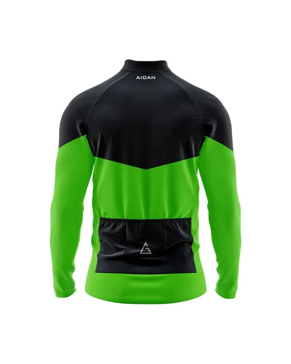 NeoVibe Winter Full Sleeve Cycling Jersey back in black-lime green contrast, three rear pockets, and Aidan logo for breathable winter cycling storage​​