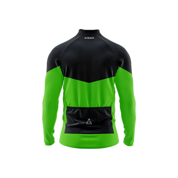NeoVibe Winter Full Sleeve Cycling Jersey back in black-lime green contrast, three rear pockets, and Aidan logo for breathable winter cycling storage​​
