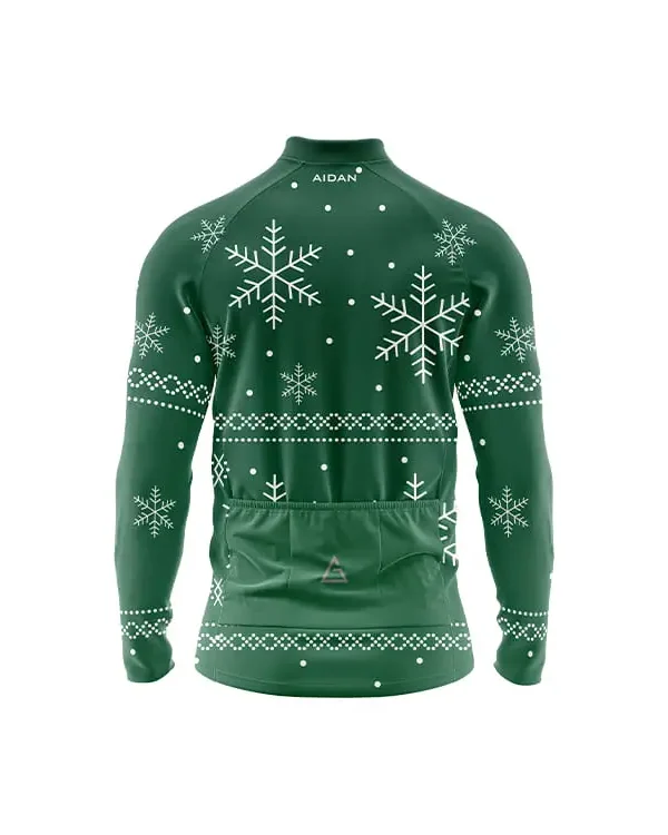 Snowdrift Winter Full Sleeve Cycling Jersey back in green dotted with snowflakes, three rear pockets, and Aidan logo for breathable winter cycling storage​​