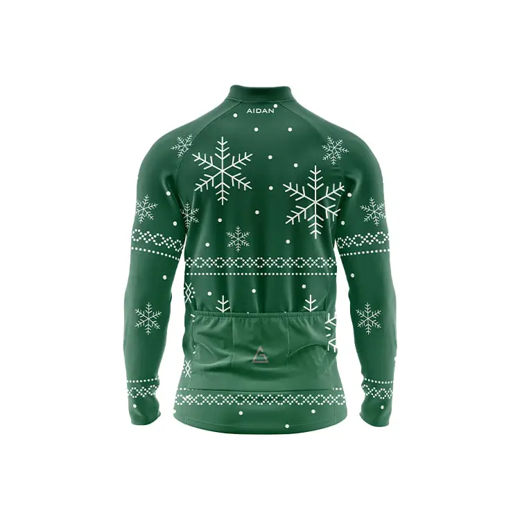 Snowdrift Winter Full Sleeve Cycling Jersey back in green dotted with snowflakes, three rear pockets, and Aidan logo for breathable winter cycling storage​​