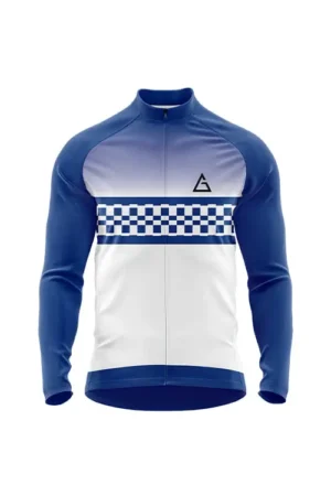 BlueSprint winter cycling jersey front view: features gradient blue-to-white chest, bold blue checkered stripe, full-length zipper, and blue sleeves designed for warmth and cycling performance