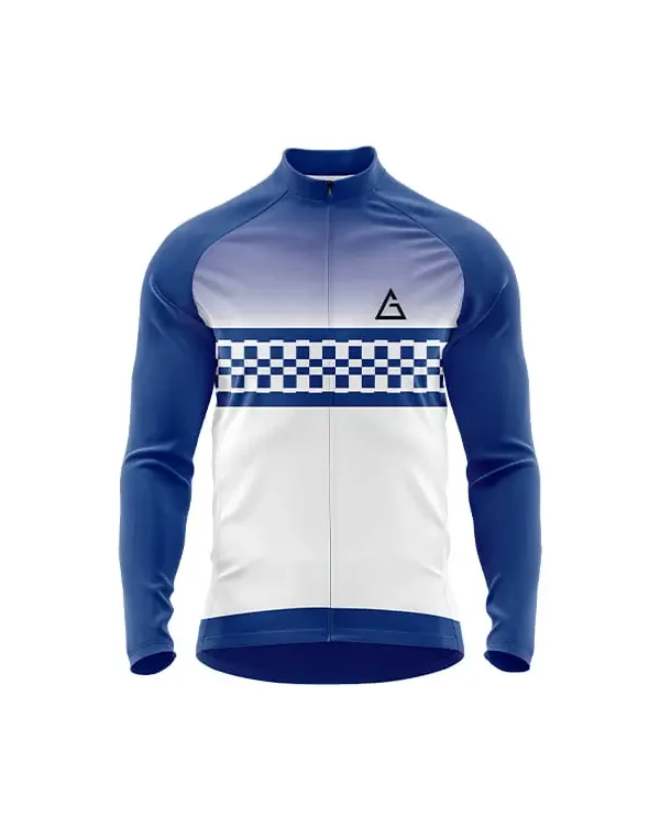 BlueSprint winter cycling jersey front view: features gradient blue-to-white chest, bold blue checkered stripe, full-length zipper, and blue sleeves designed for warmth and cycling performance
