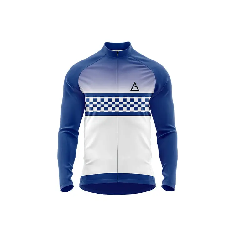BlueSprint winter cycling jersey front view: features gradient blue-to-white chest, bold blue checkered stripe, full-length zipper, and blue sleeves designed for warmth and cycling performance