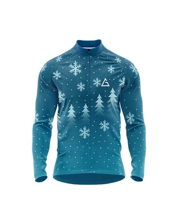 Snowpine Winter Cycling Jersey in blue featuring white snowflakes and pine trees, full sleeves, front zipper, and Aidan logo for thermal comfort and festive style