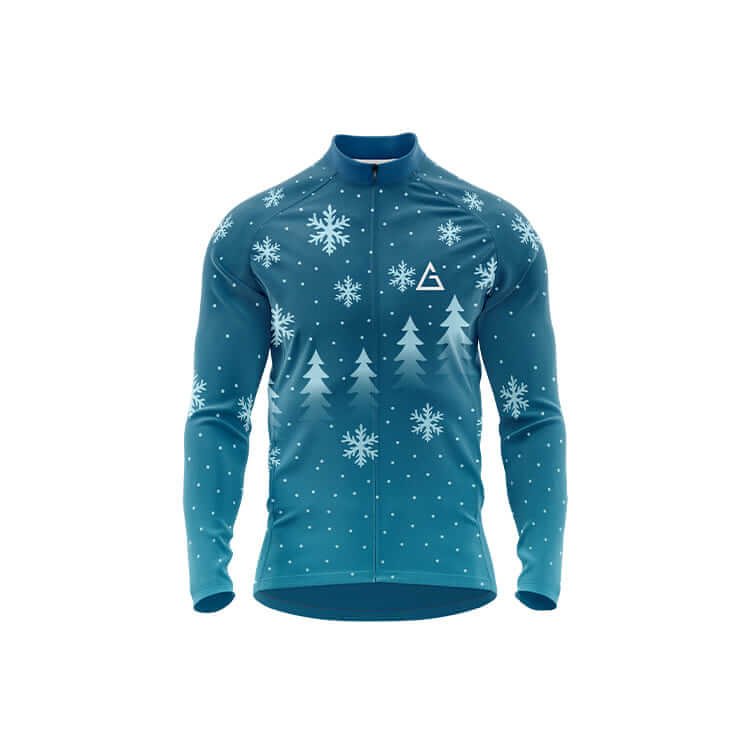 Snowpine Winter Cycling Jersey in blue featuring white snowflakes and pine trees, full sleeves, front zipper, and Aidan logo for thermal comfort and festive style